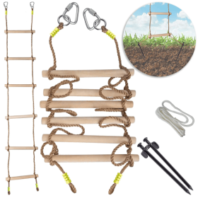 Wooden Rope Ladder For Kids With Ground Anchoring Lenght 2m Width 40cm Outdoor Or Indoor Climbing Rope Ladder For Ninja Slackline Backyard Playground (Option: With Ground Anchoring)